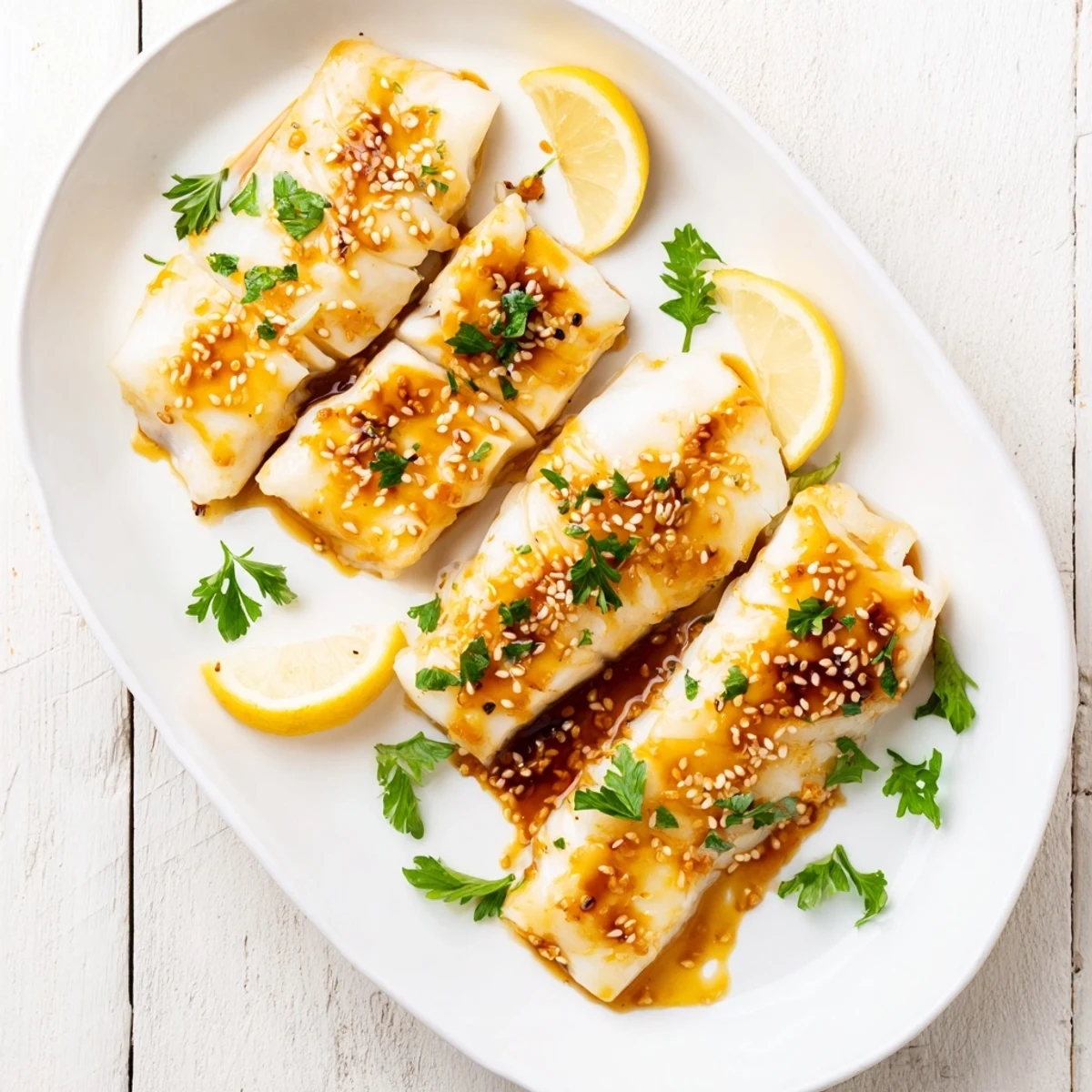 Honey soy baked cod served with lemon wedges and chopped parsley for weeknight dinner