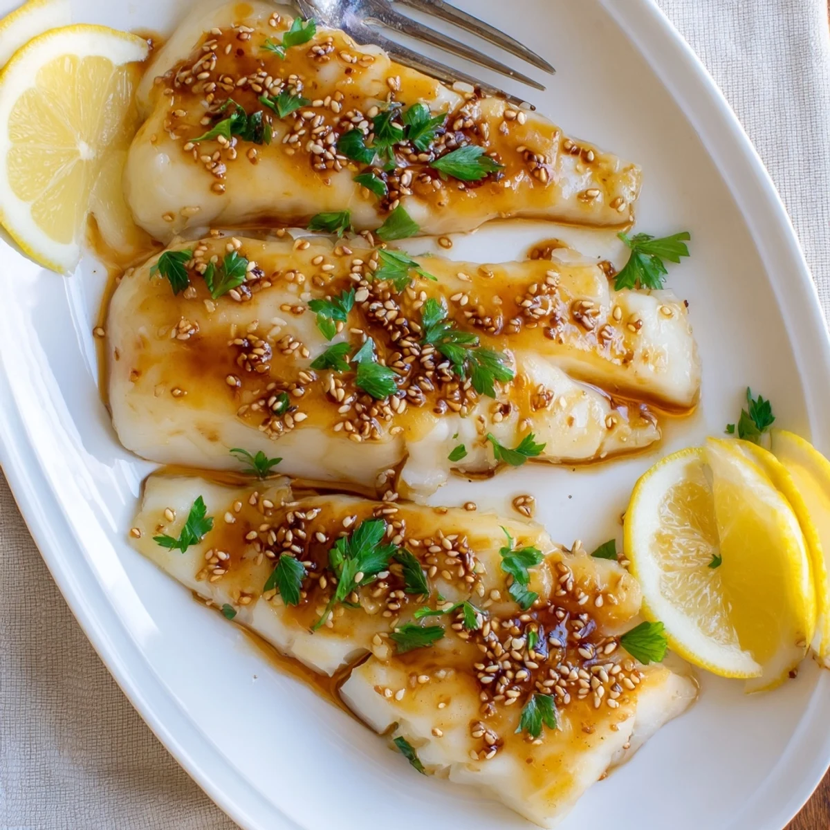 Tender flaky cod fillets glazed in sweet savory honey soy sauce on white plate