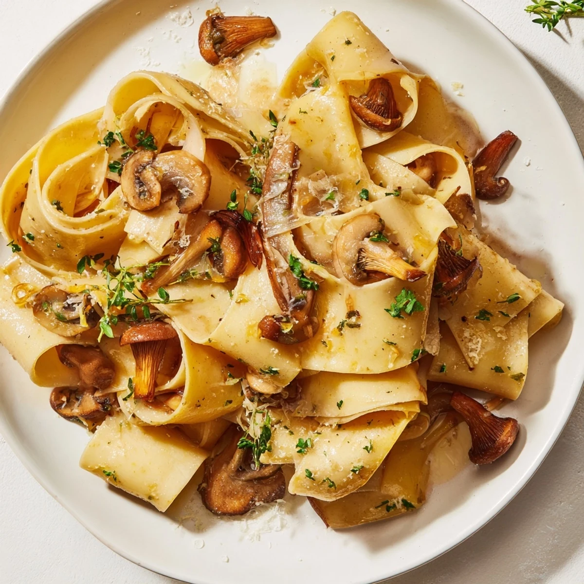 Golden brown mushrooms coat tender garlic butter mushroom pappardelle ribbons in a creamy Parmesan sauce