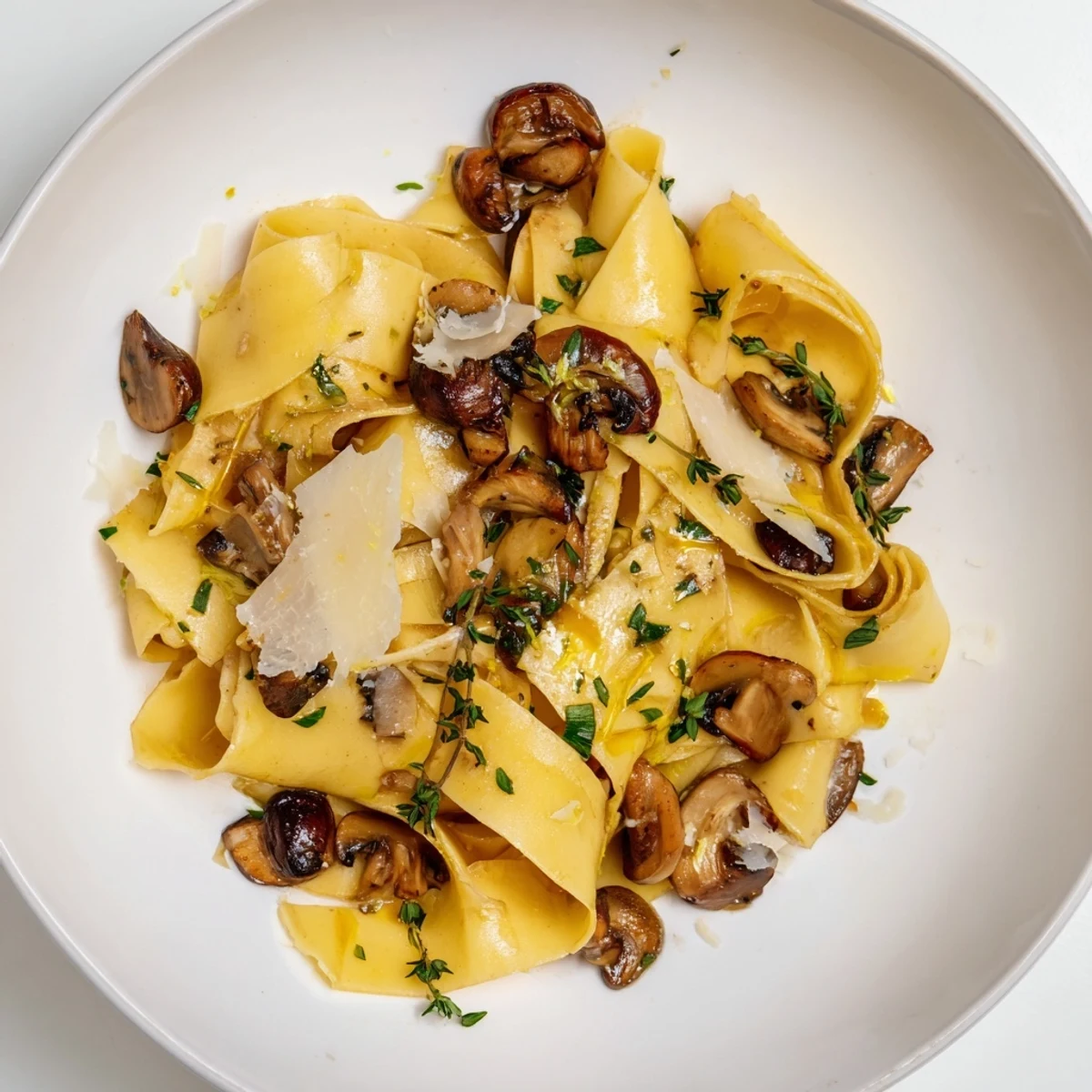 Steaming bowl of garlic butter mushroom pappardelle pasta featuring golden sautéed mushrooms and grated cheese