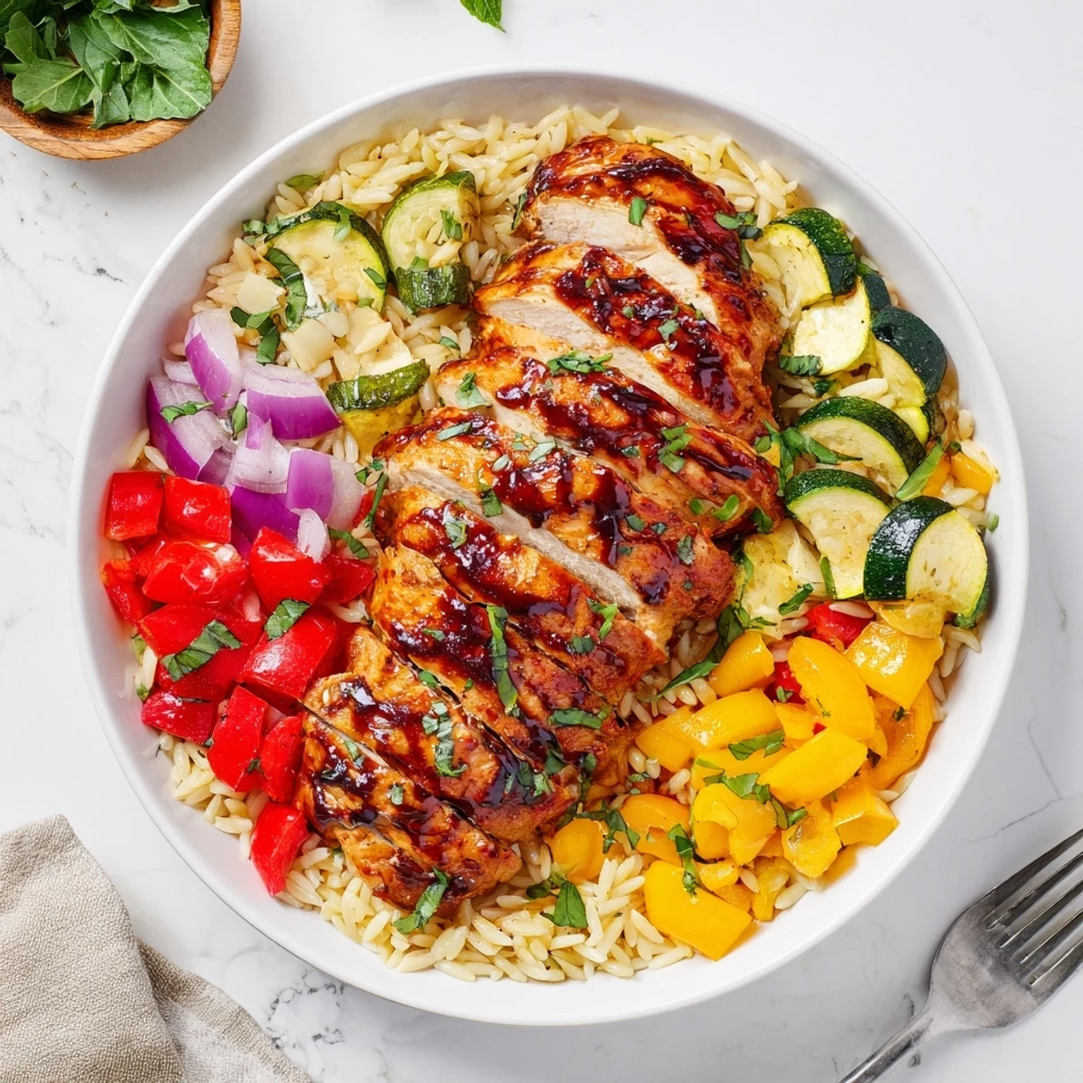 Mediterranean style balsamic chicken with colorful bell peppers, zucchini and fresh herb orzo pasta dinner