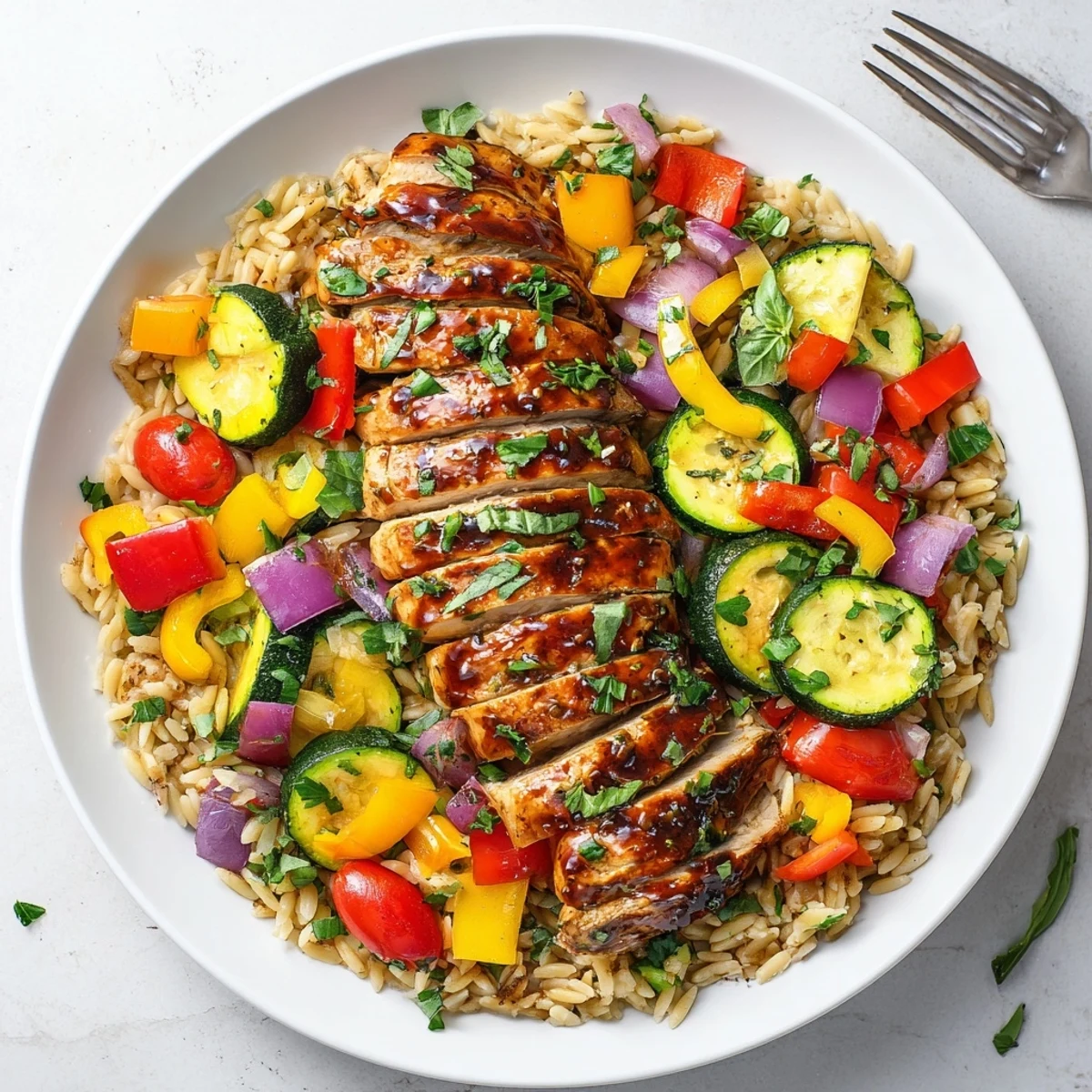 Savory balsamic chicken arranged over tender roasted vegetables and lemon basil orzo in a serving bowl