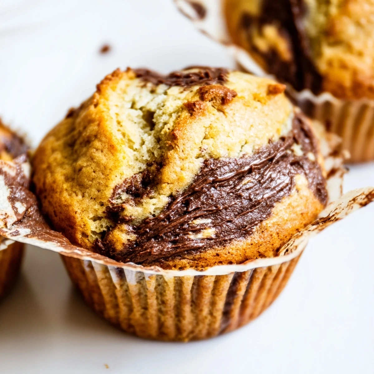 Golden brown Nutella banana muffins topped with a rich chocolate hazelnut swirl