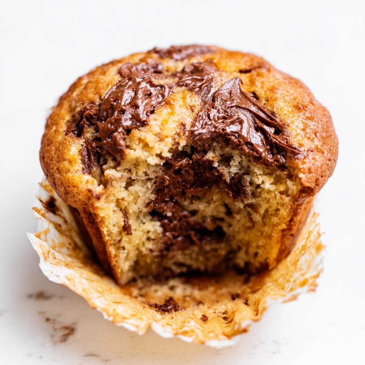Freshly baked moist banana muffins with creamy Nutella marbled throughout the crumb