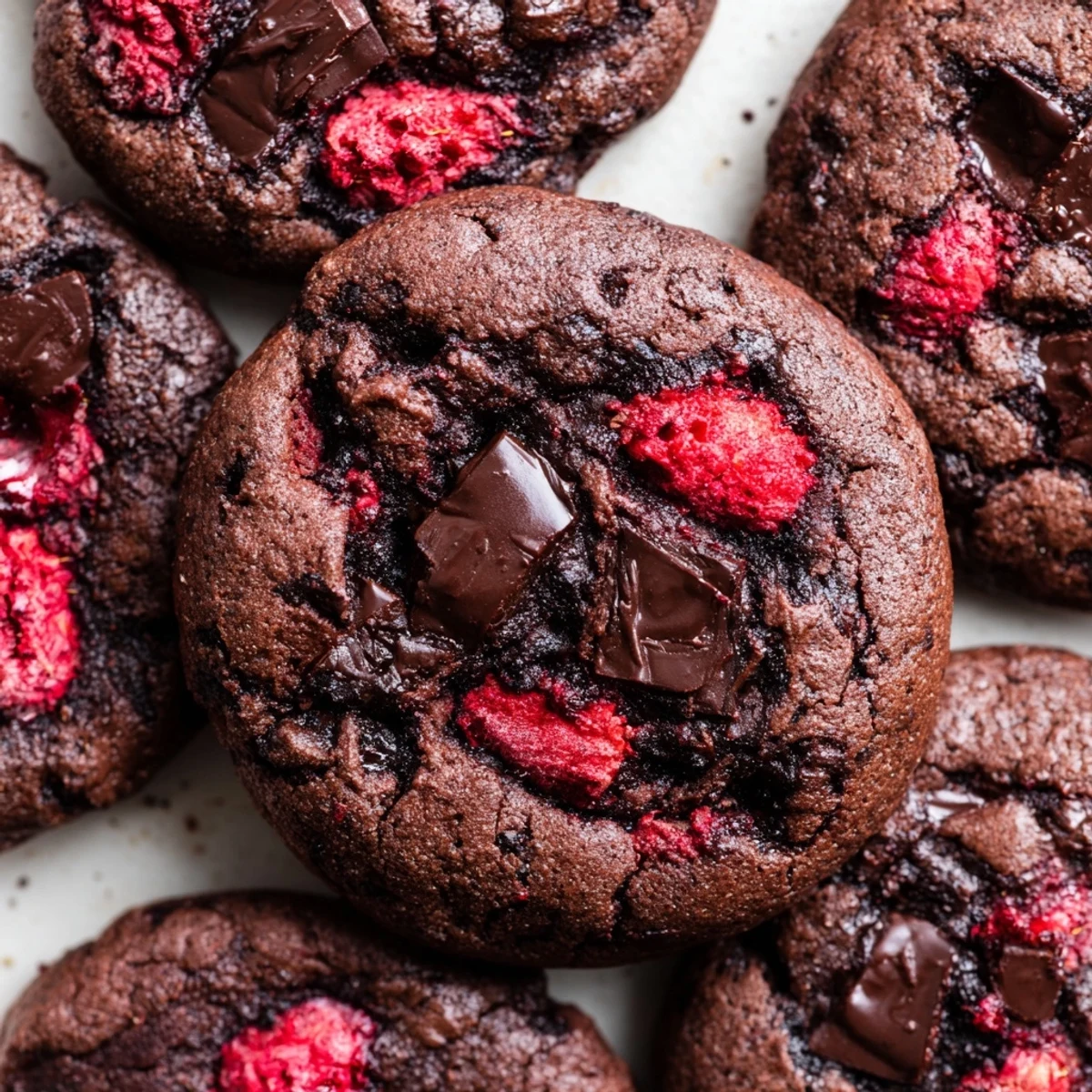Freshly baked dark chocolate raspberry cookies on a cooling rack, featuring melted chunks and tart berry pieces