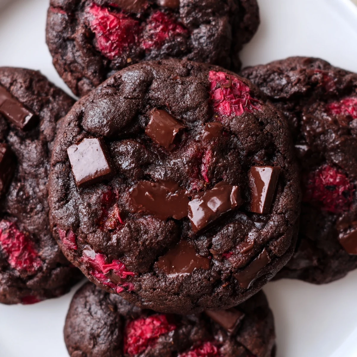 Chewy dark chocolate raspberry cookies stacked on a wooden board with bright red raspberries visible throughout