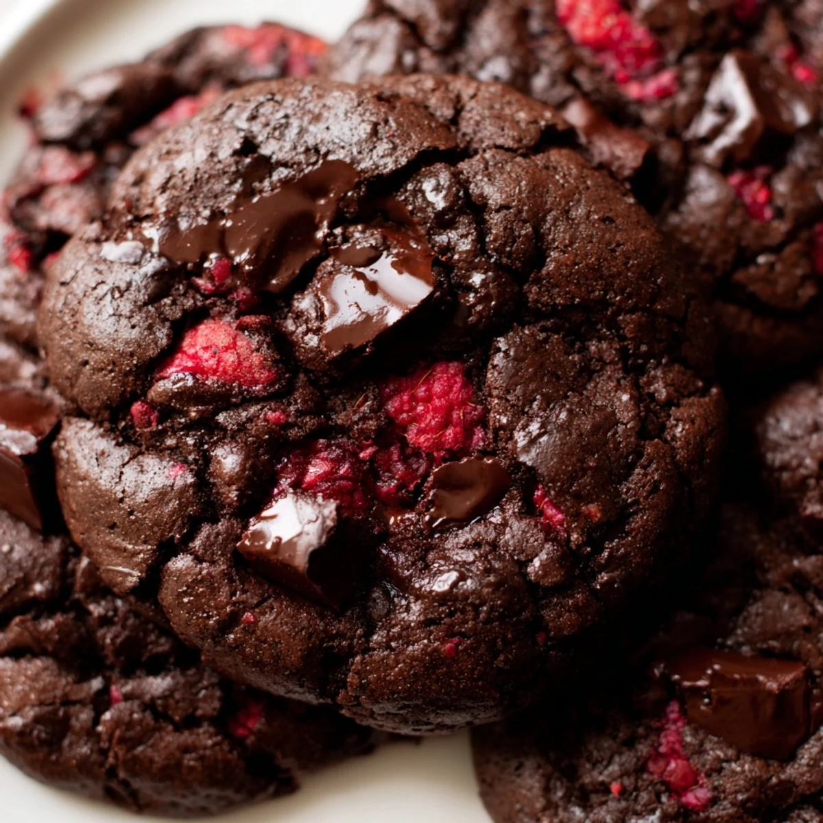 Golden dark chocolate raspberry cookies cooling on parchment paper, with gooey chocolate and fruit bursting from edges