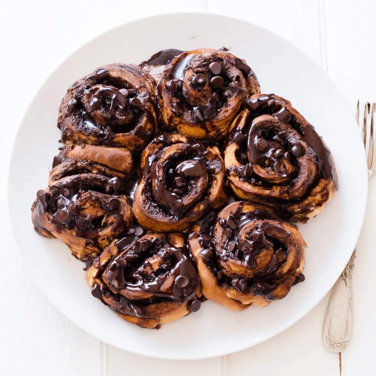 Soft double chocolate cinnamon rolls swirled with dark chocolate chips and sweet cocoa glaze