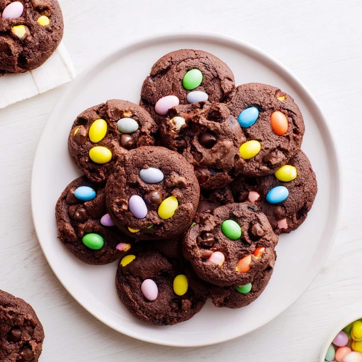 Rich chocolate Easter cookie dough baked with colorful egg toppings and chips