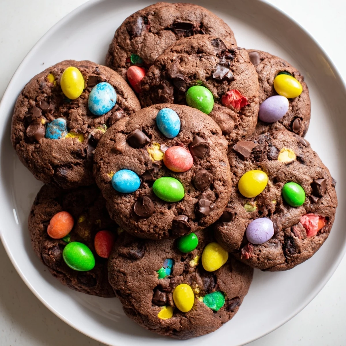Soft Easter chocolate cookies studded with melty chips and pastel candy eggs