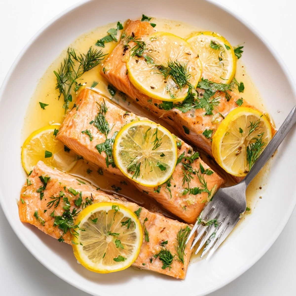 Tender flaky baked salmon with lemon slices and herb butter on a white baking sheet