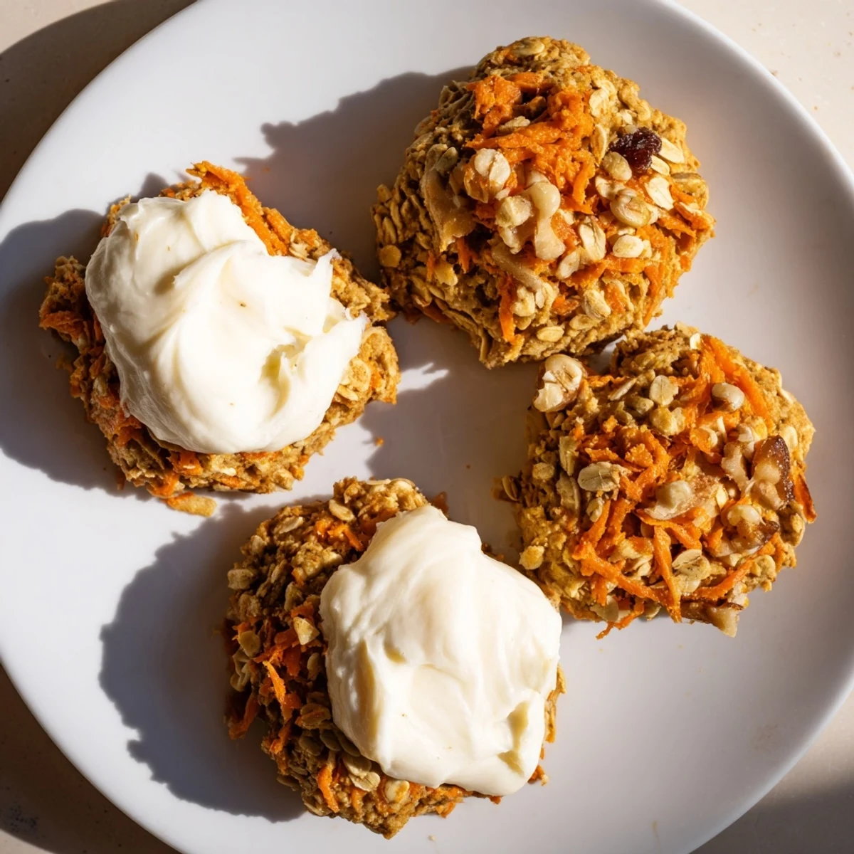 Soft carrot cake cookies topped with creamy white frosting and sprinkled with chopped walnuts