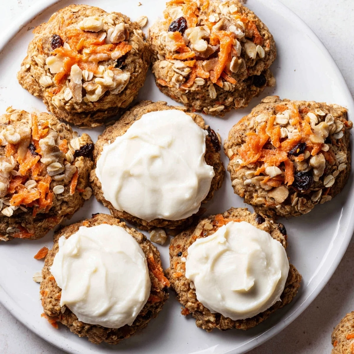 Golden spiced carrot cake cookies with visible shredded carrot pieces and oats in the dough