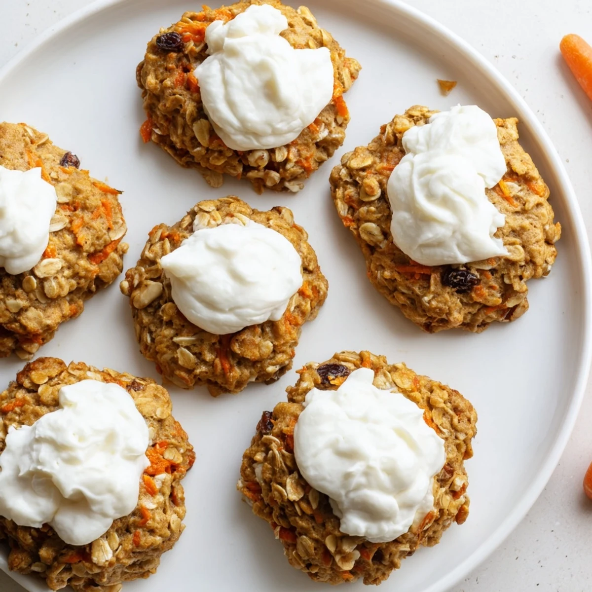 Plate of frosted carrot cake cookies stacked high with sweet cream cheese drizzle and nut topping