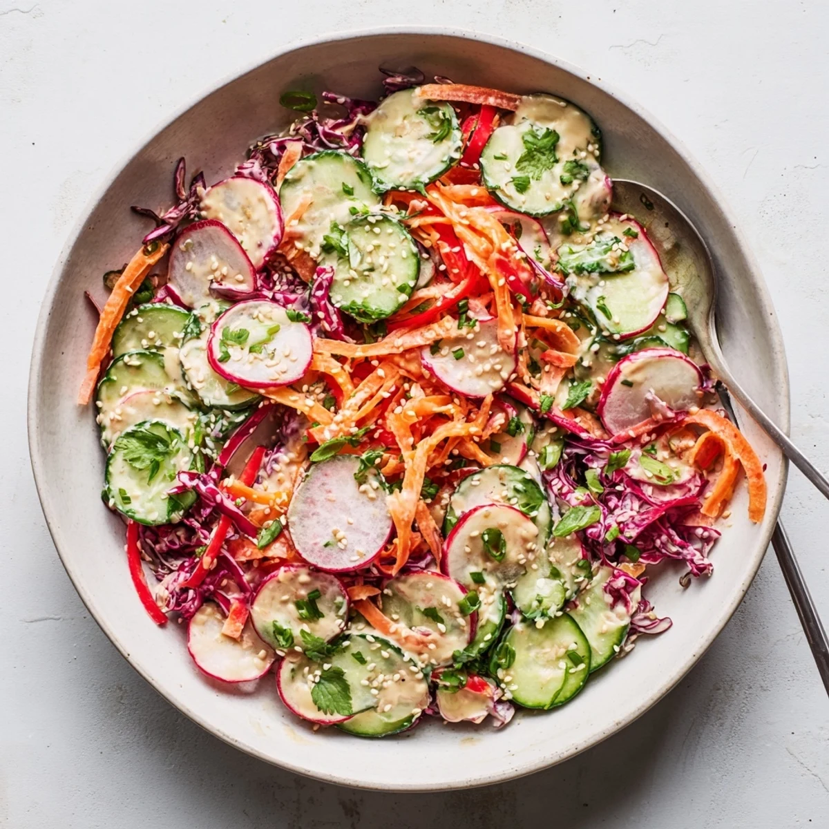 Creamy Asian cucumber salad bowl with crisp vegetables and sesame dressing garnished with cilantro