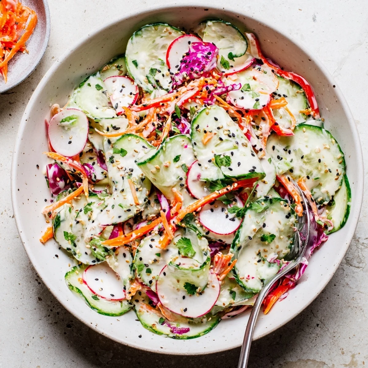 Vibrant cucumber salad bowl featuring colorful crisp veggies coated in creamy sesame dressing