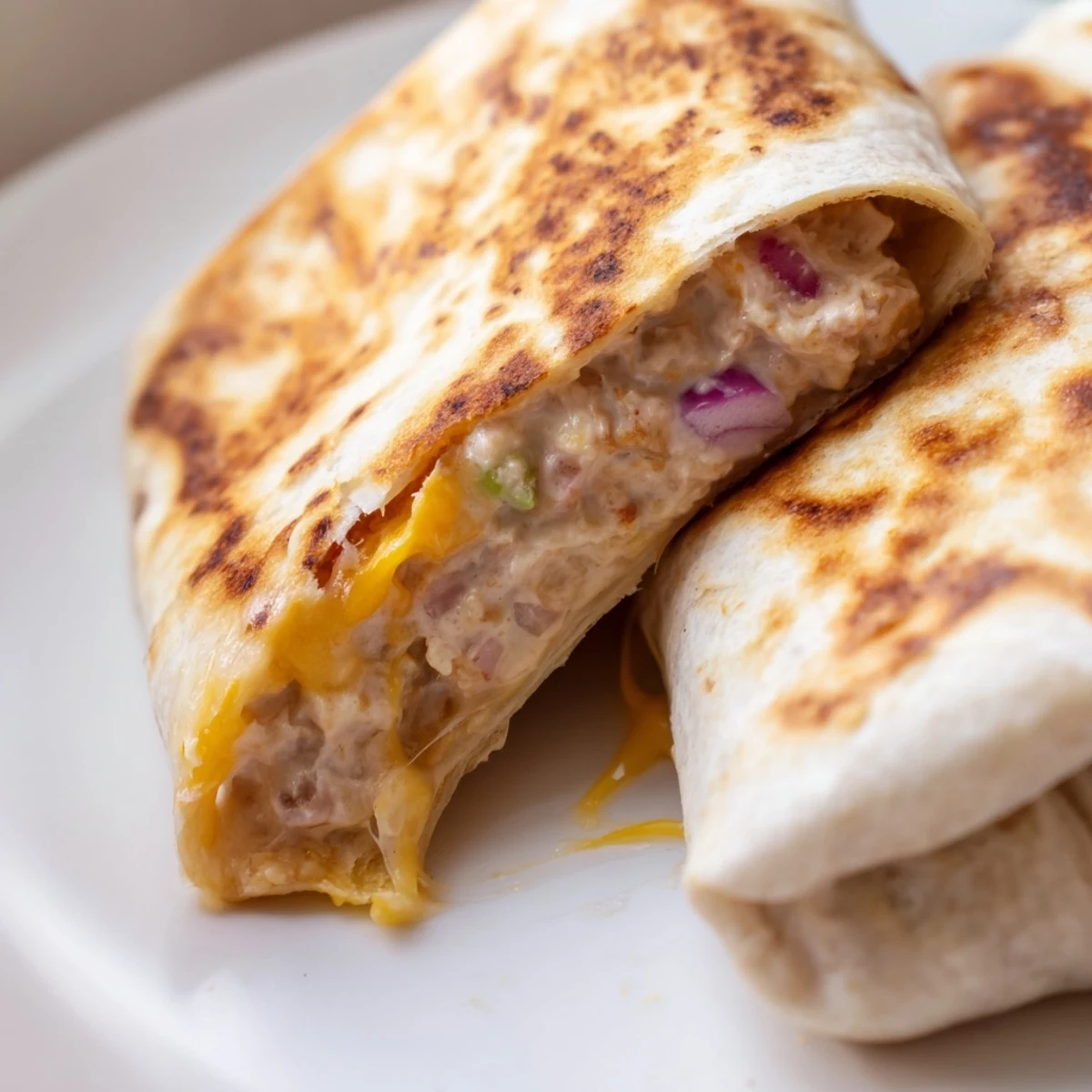 Warm flour tortilla wrapped around seasoned tuna mixture with melted cheese and fresh tomato slices