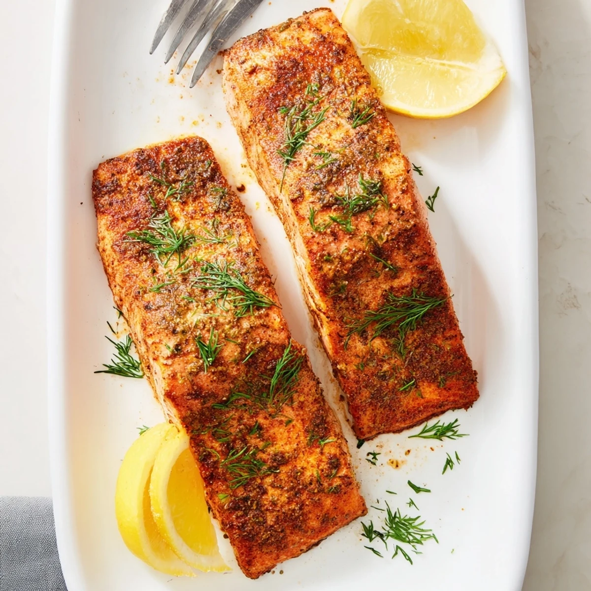 Golden air fryer salmon fillets with crispy edges and tender flaky flesh garnished with fresh herbs