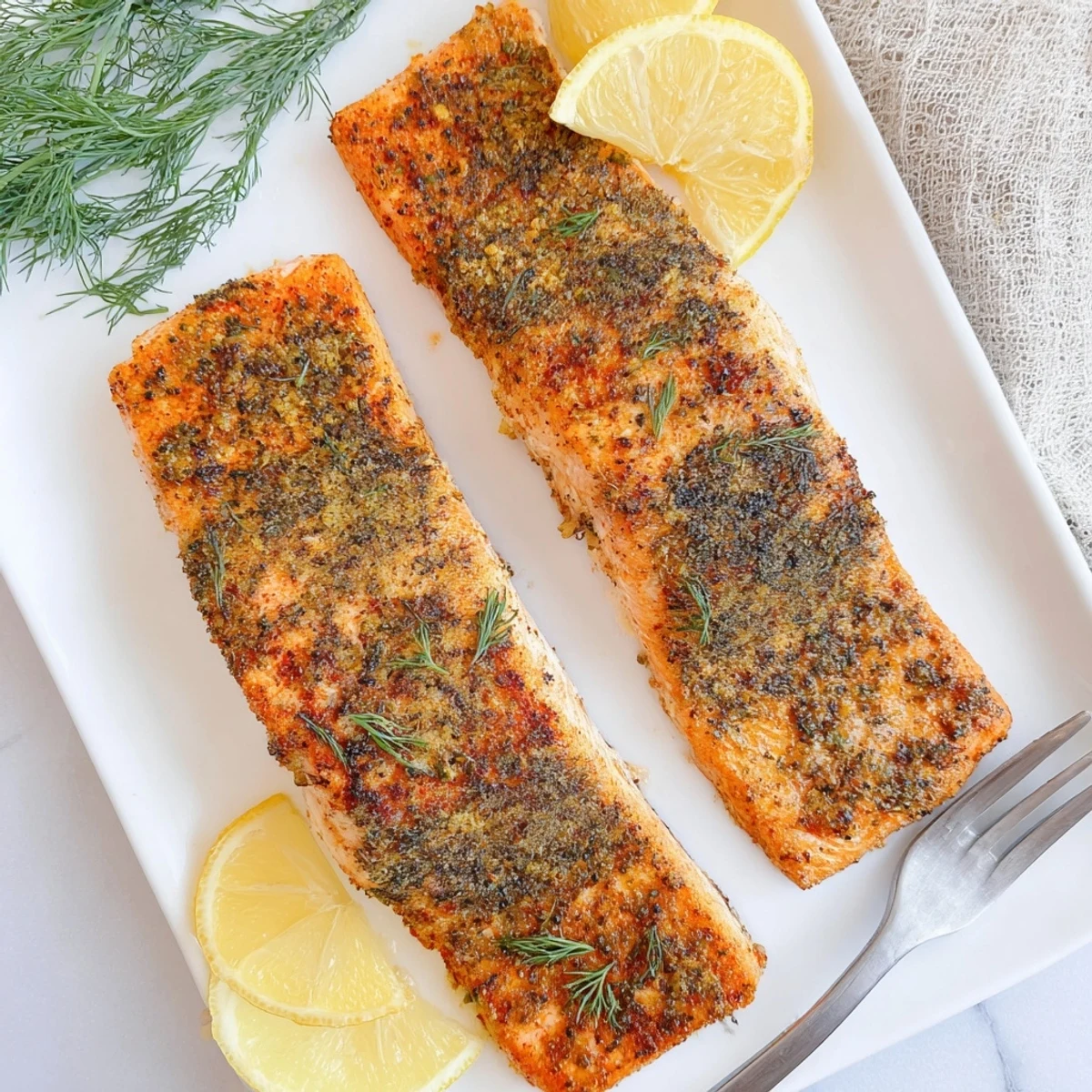 Perfectly cooked air fryer salmon seasoned with smoked paprika garlic and served with lemon wedges