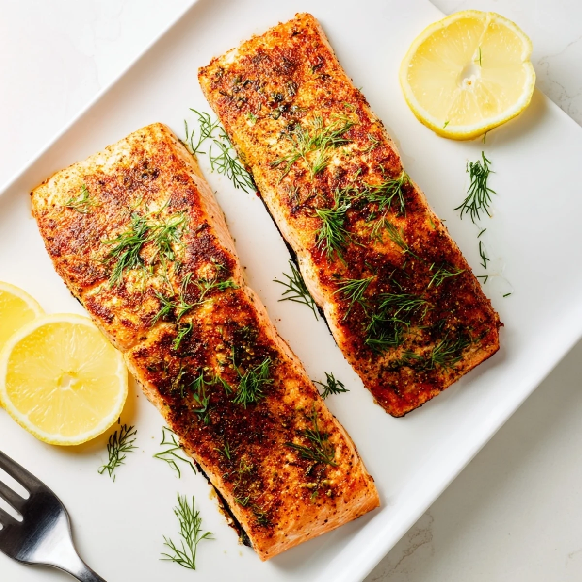 Juicy air fryer salmon fillets with beautifully caramelized exterior resting on a white serving plate