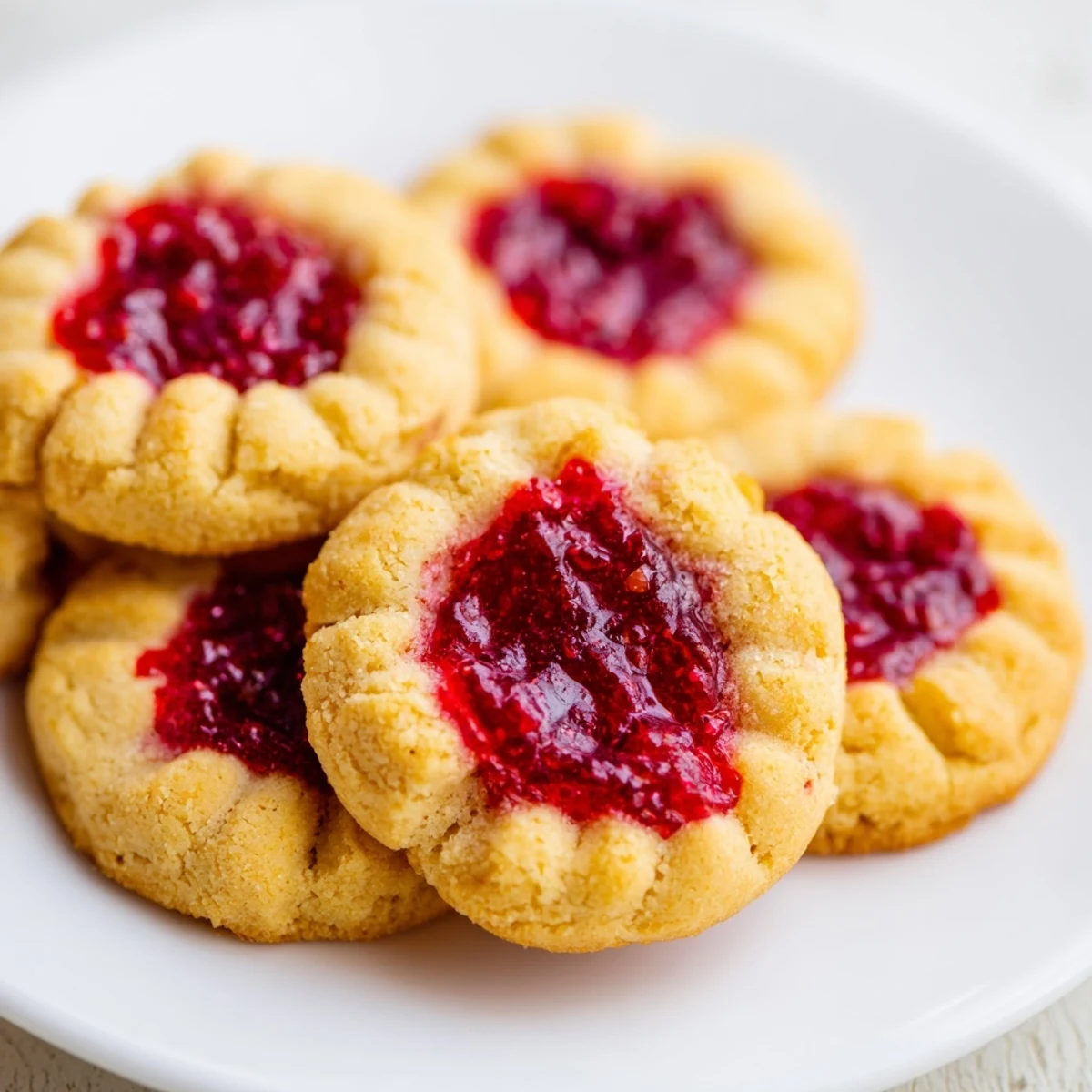Golden fruity thumbprint cookies filled with vibrant raspberry and apricot preserves on a white serving plate