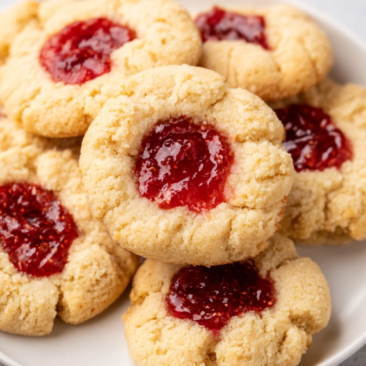 Homemade fruity thumbprint cookies feature buttery golden edges with colorful fruit jam centers freshly baked