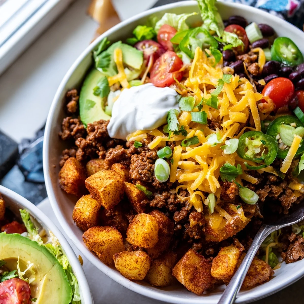 Golden roasted potato taco bowl piled with seasoned beef, fresh avocado, and zesty toppings