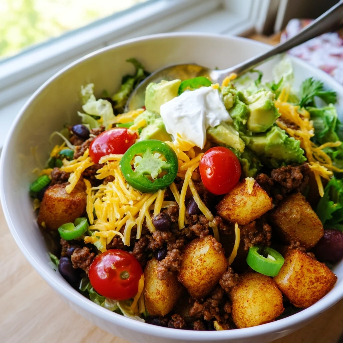 Hearty loaded potato taco bowl featuring crispy spiced potatoes, melted cheese, and colorful garnishes