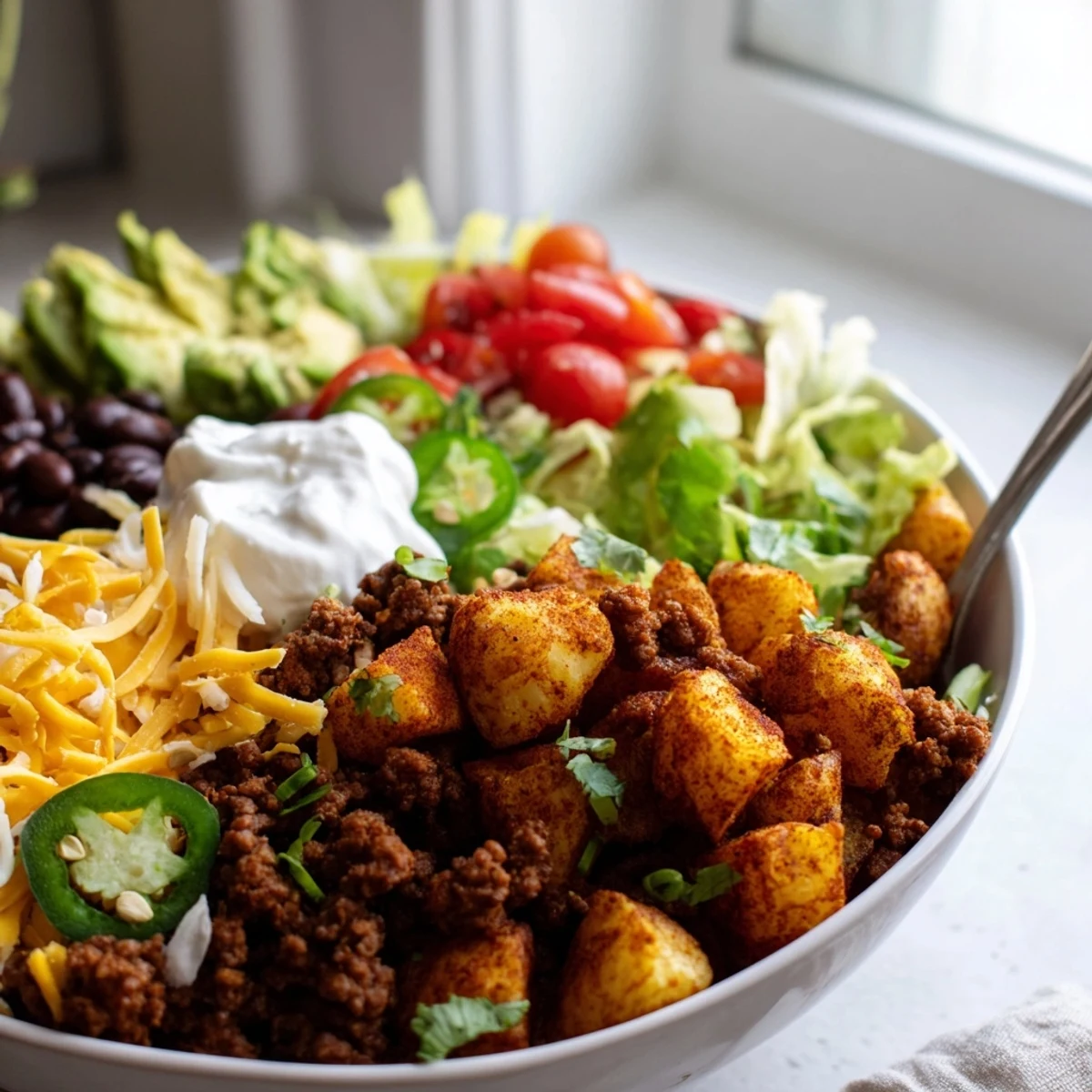 Tex-Mex loaded potato taco bowl arranged with ground beef, black beans, sour cream, and cilantro