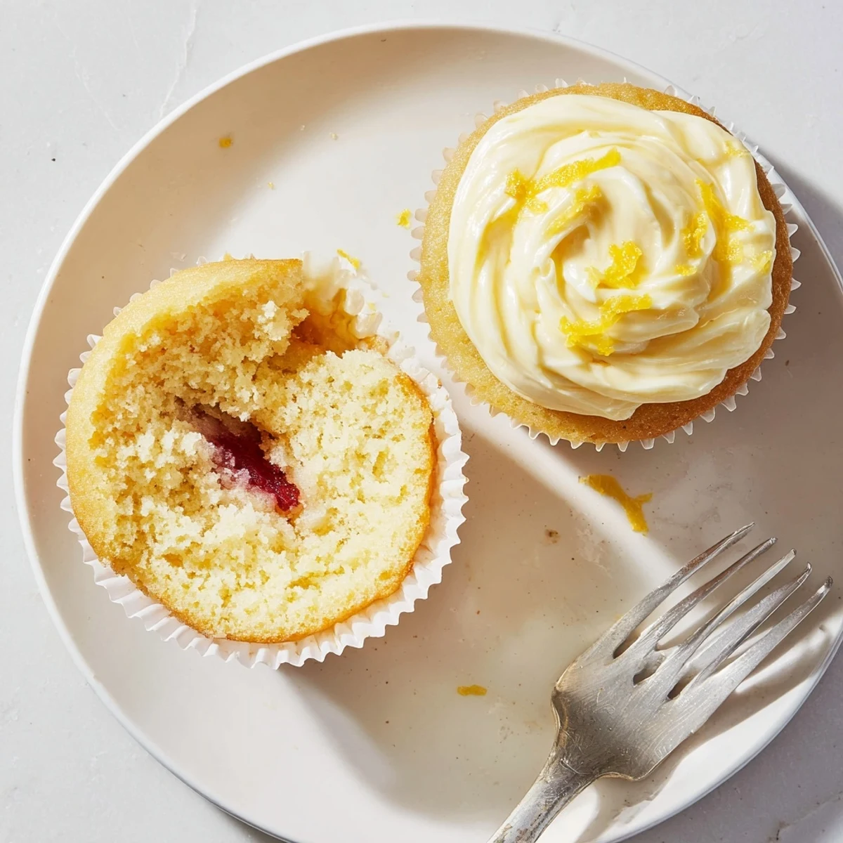 Golden lemon cupcakes with vibrant raspberry centers topped with fluffy lemon buttercream frosting