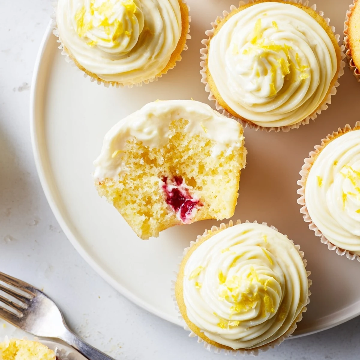Freshly baked moist lemon cupcakes filled with tangy raspberry preserves on a white plate