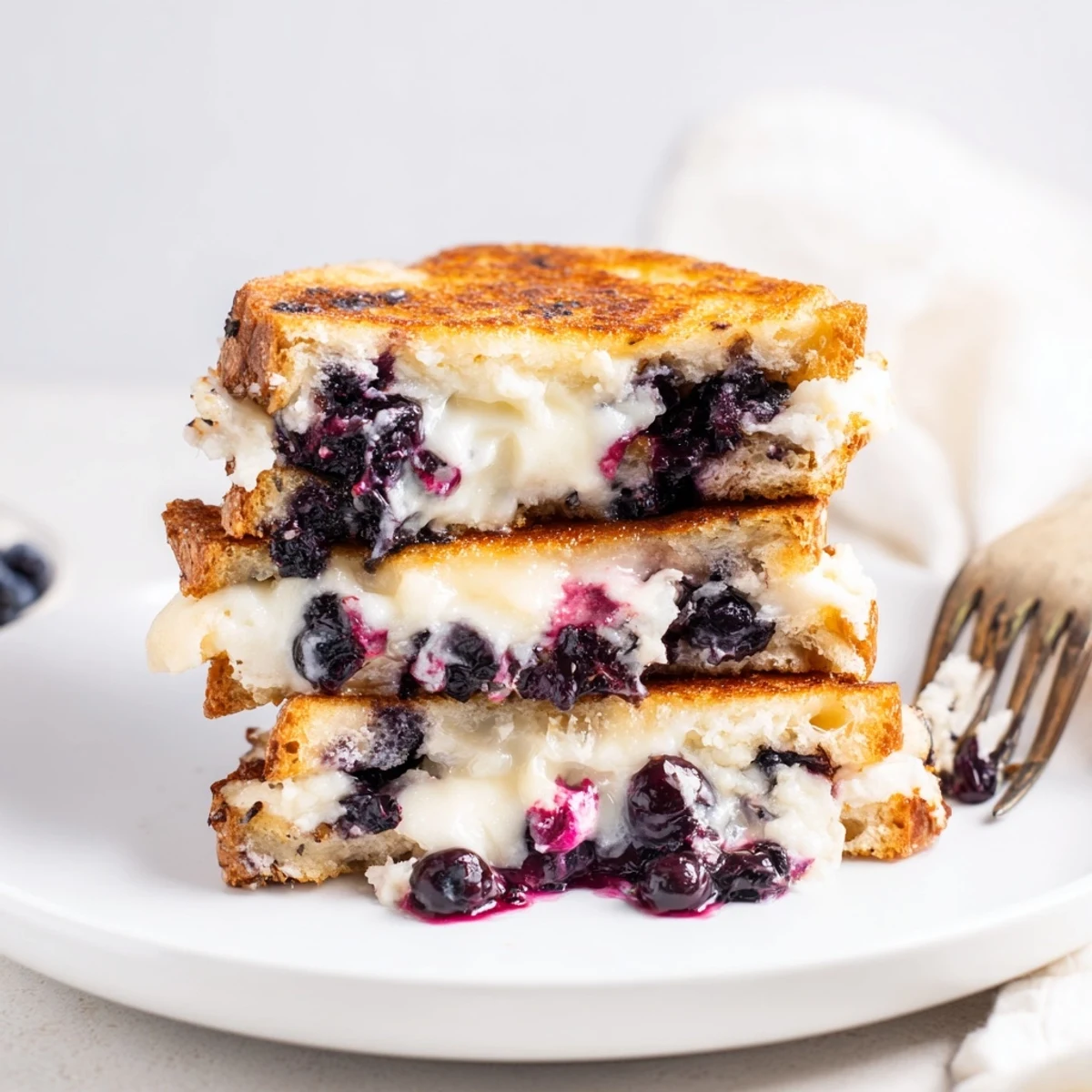 Golden blueberry grilled cheese sandwich with melted cheddar oozing between buttery sourdough bread slices