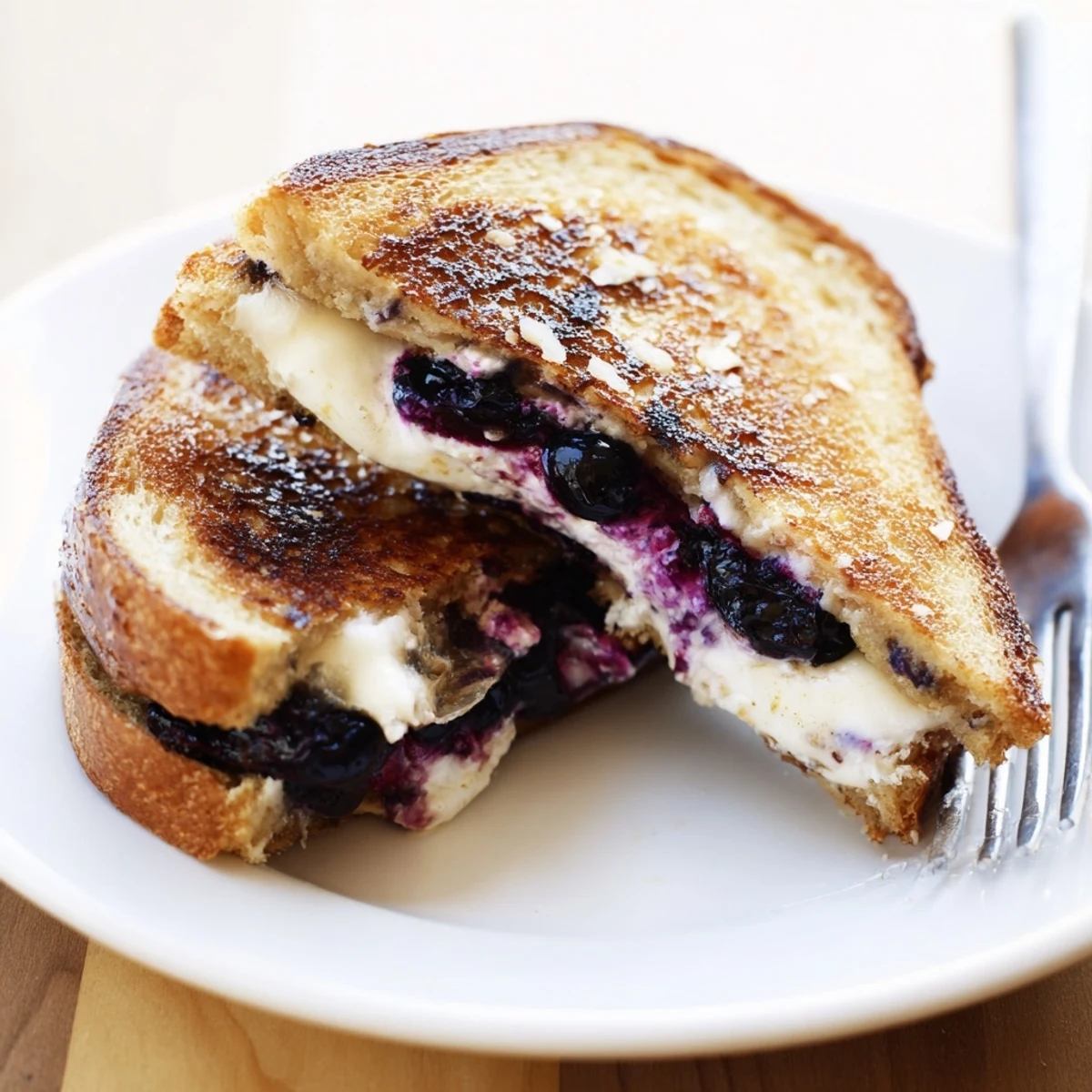 Sweet blueberry grilled cheese featuring burst fruit and creamy cheese on toasted golden bread