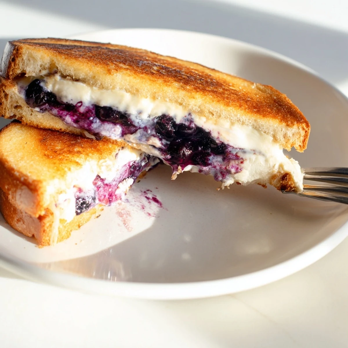 Sliced blueberry grilled cheese sandwich revealing melted white cheddar and juicy blueberry filling inside