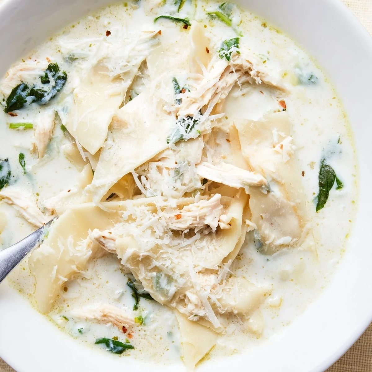 Creamy white lasagna soup with tender chicken, spinach, and melted cheese in a savory broth