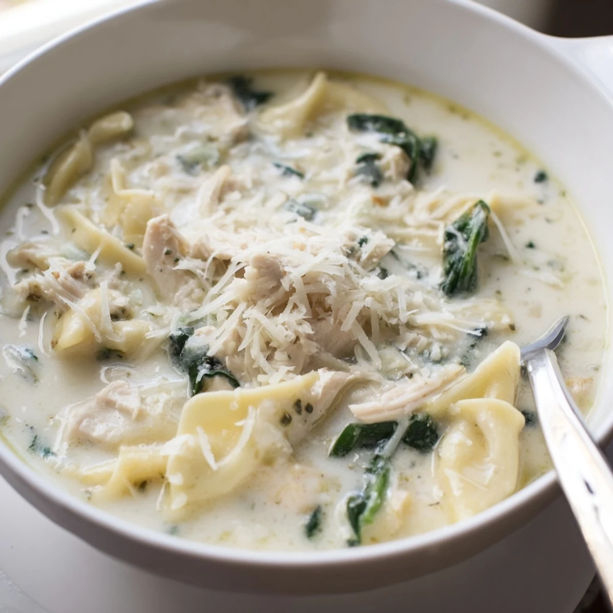 Rich and comforting white lasagna soup loaded with ricotta, mozzarella, and parmesan over tender chicken