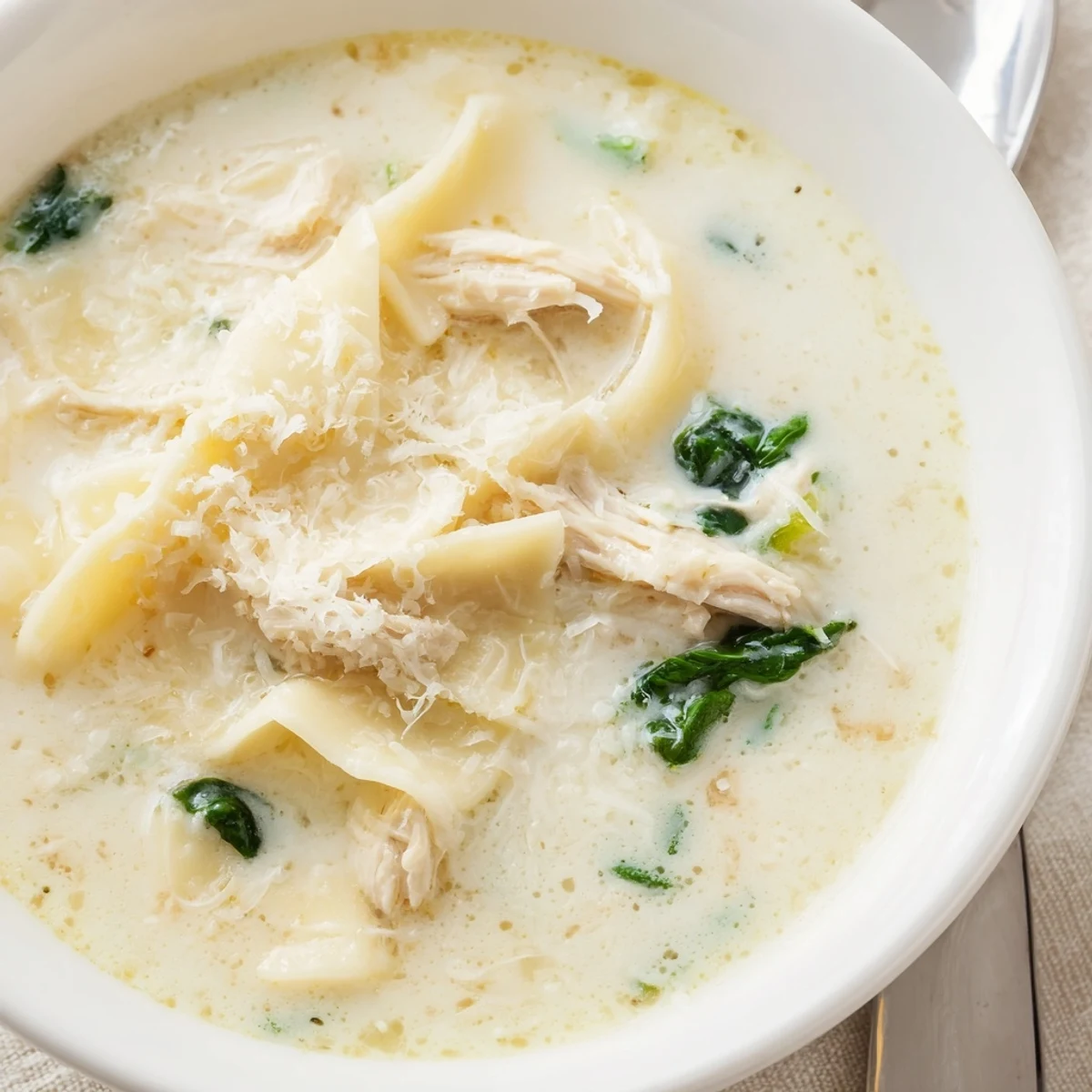 Steaming bowl of white lasagna soup featuring broken noodles, shredded chicken, and fresh spinach garnish