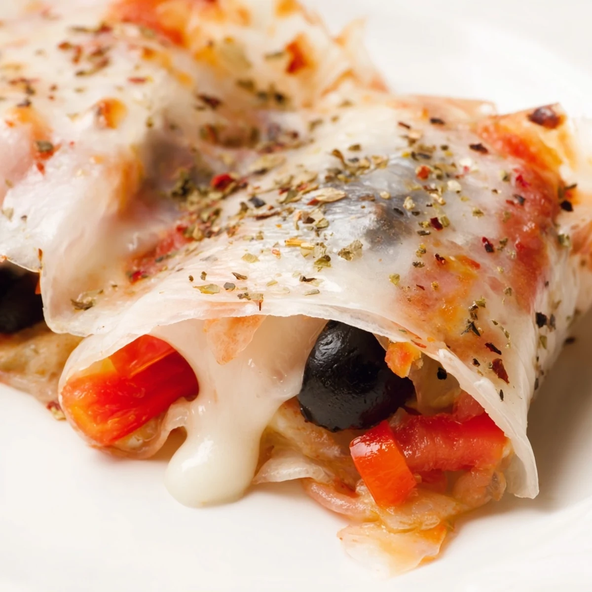 Golden pan-fried rice paper pizza rolls with melted mozzarella and colorful vegetables