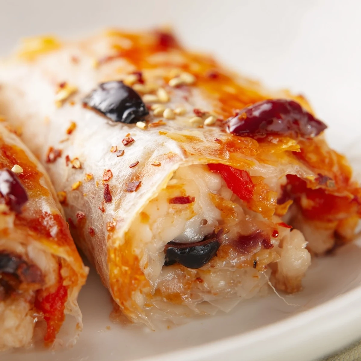 Crispy rice paper pizza rolls served with marinara sauce for dipping on plate