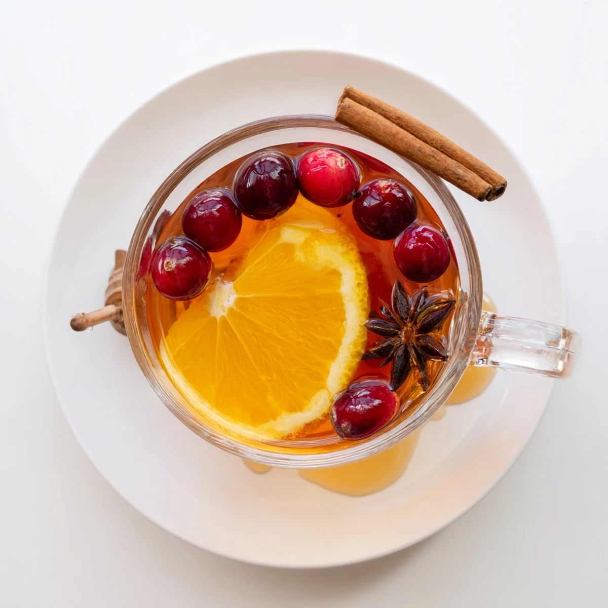 Steaming cup of orange cranberry tea garnished with fresh orange slices and whole cranberries