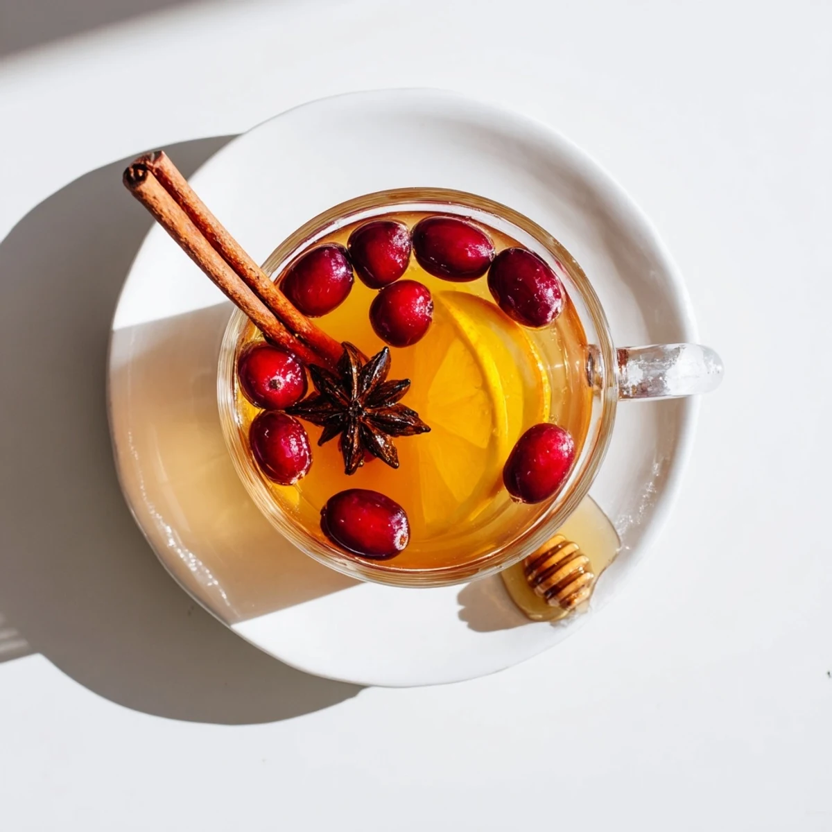 Golden orange cranberry tea simmering in a white teapot with cinnamon sticks and star anise