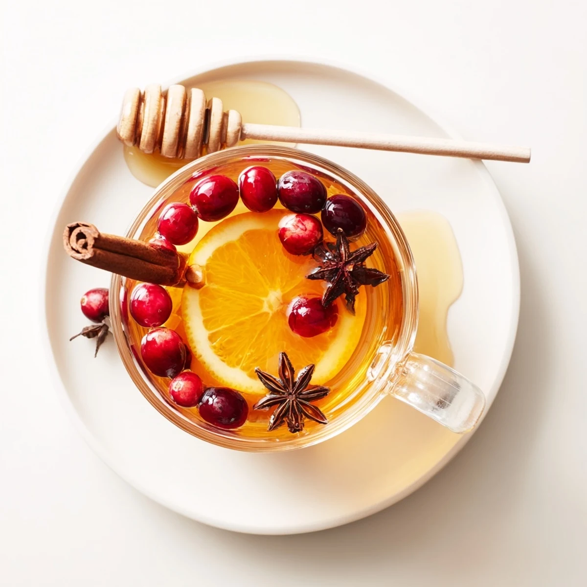 Clear glass mug of orange cranberry tea featuring floating cranberries and orange wheel on rim