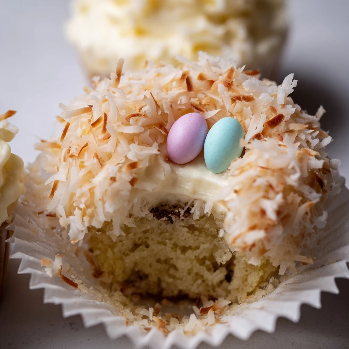Coconut nest cupcakes feature toasted coconut bird nests filled with chocolate eggs on creamy white frosting