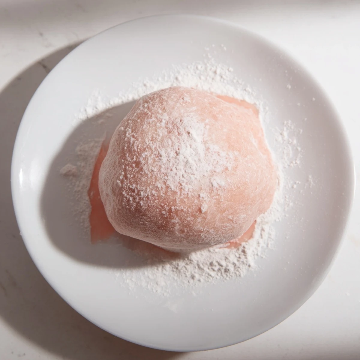 Soft pink vegan strawberry mochi ice cream balls resting in white cupcake liners