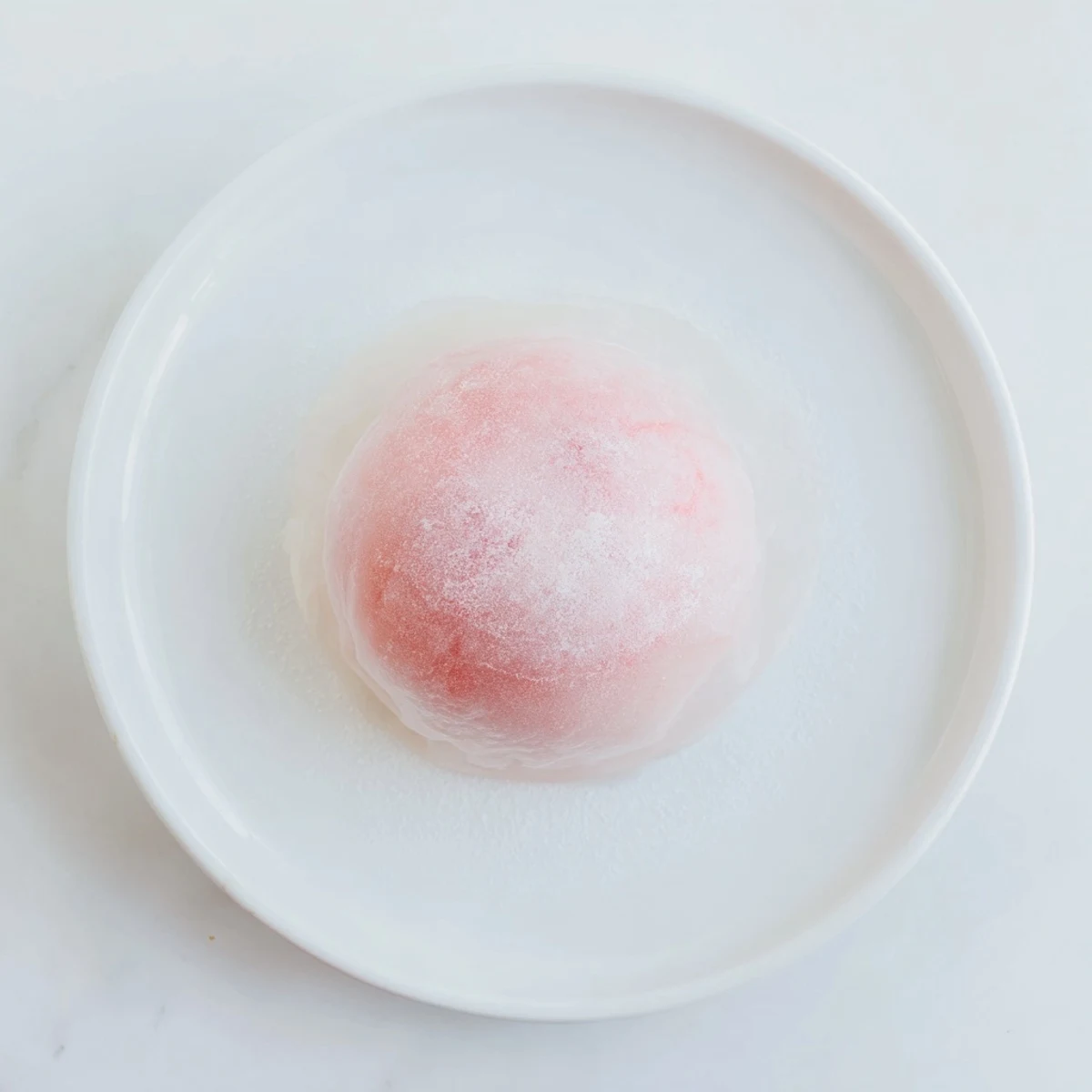 Chewy glutinous rice wrapper encasing creamy dairy-free strawberry ice cream on wooden board
