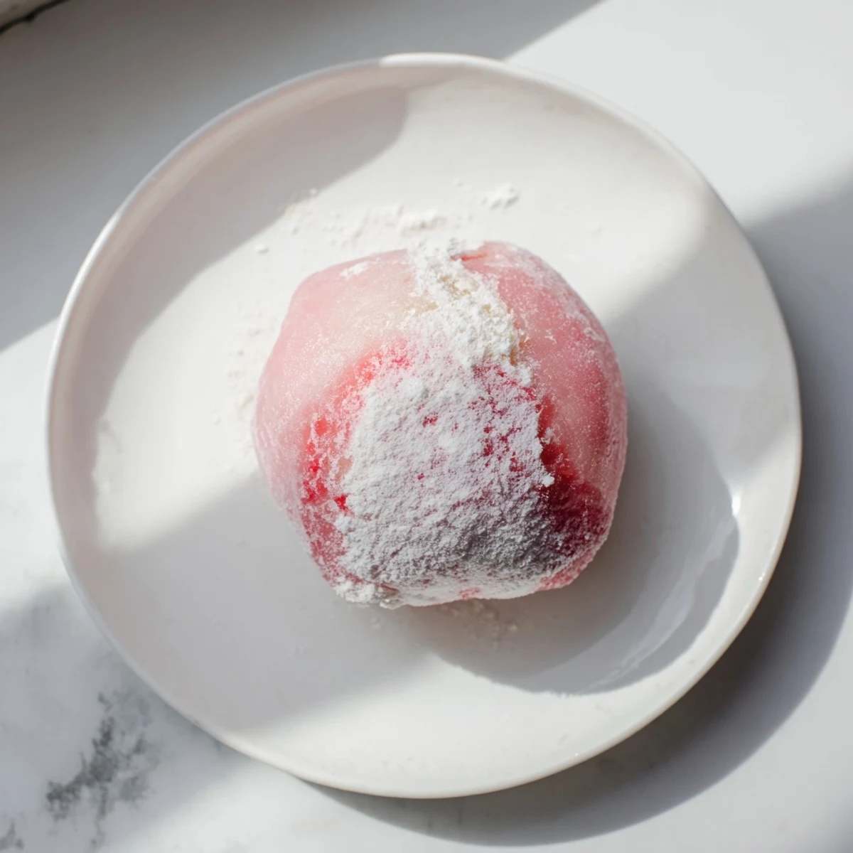 Homemade Japanese-style vegan strawberry mochi ice cream dusted with white potato starch