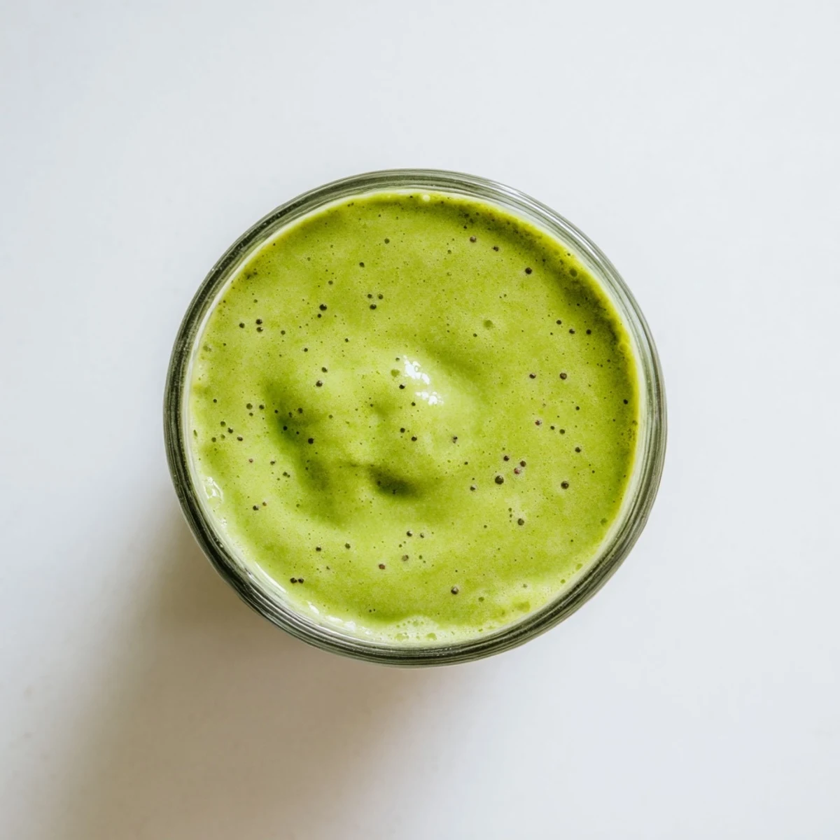 Creamy Energizing Banana Matcha Smoothie poured into a glass topped with light green frothy foam