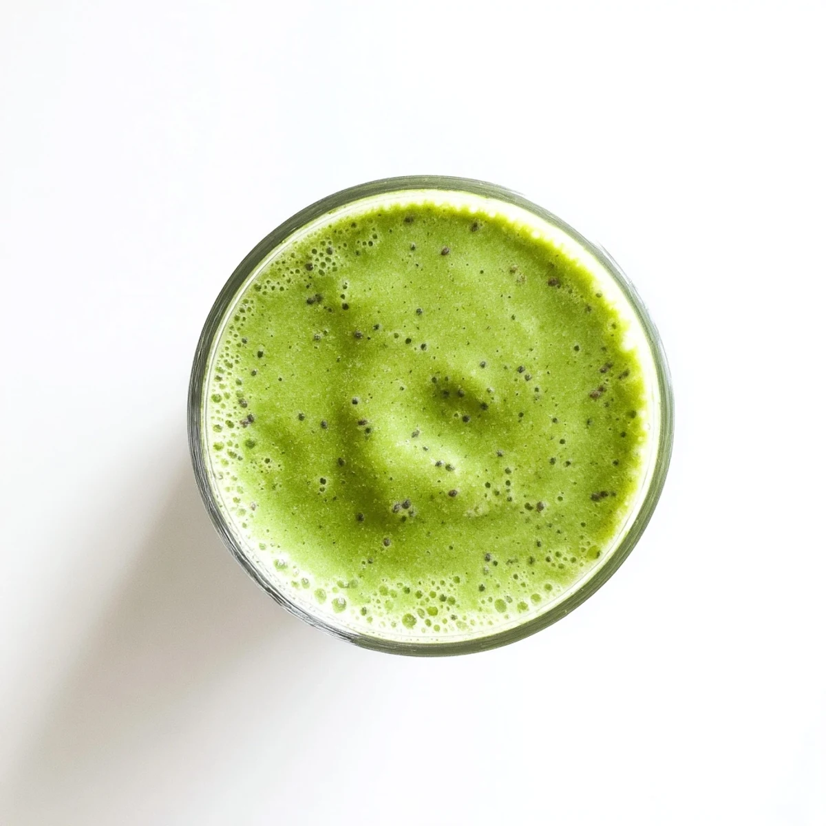 Thick frothy Energizing Banana Matcha Smoothie with ice cubes floating in a tall glass on a wooden table