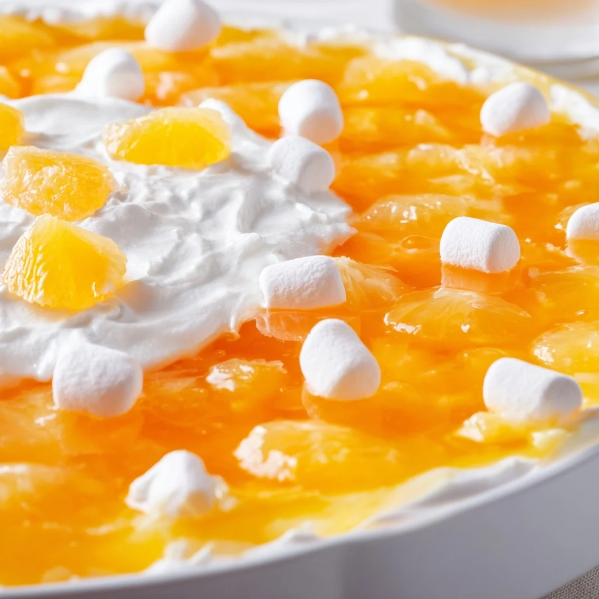 Easter Orange Jello Salad layered with mandarin oranges and fluffy whipped cream topping in a glass serving dish