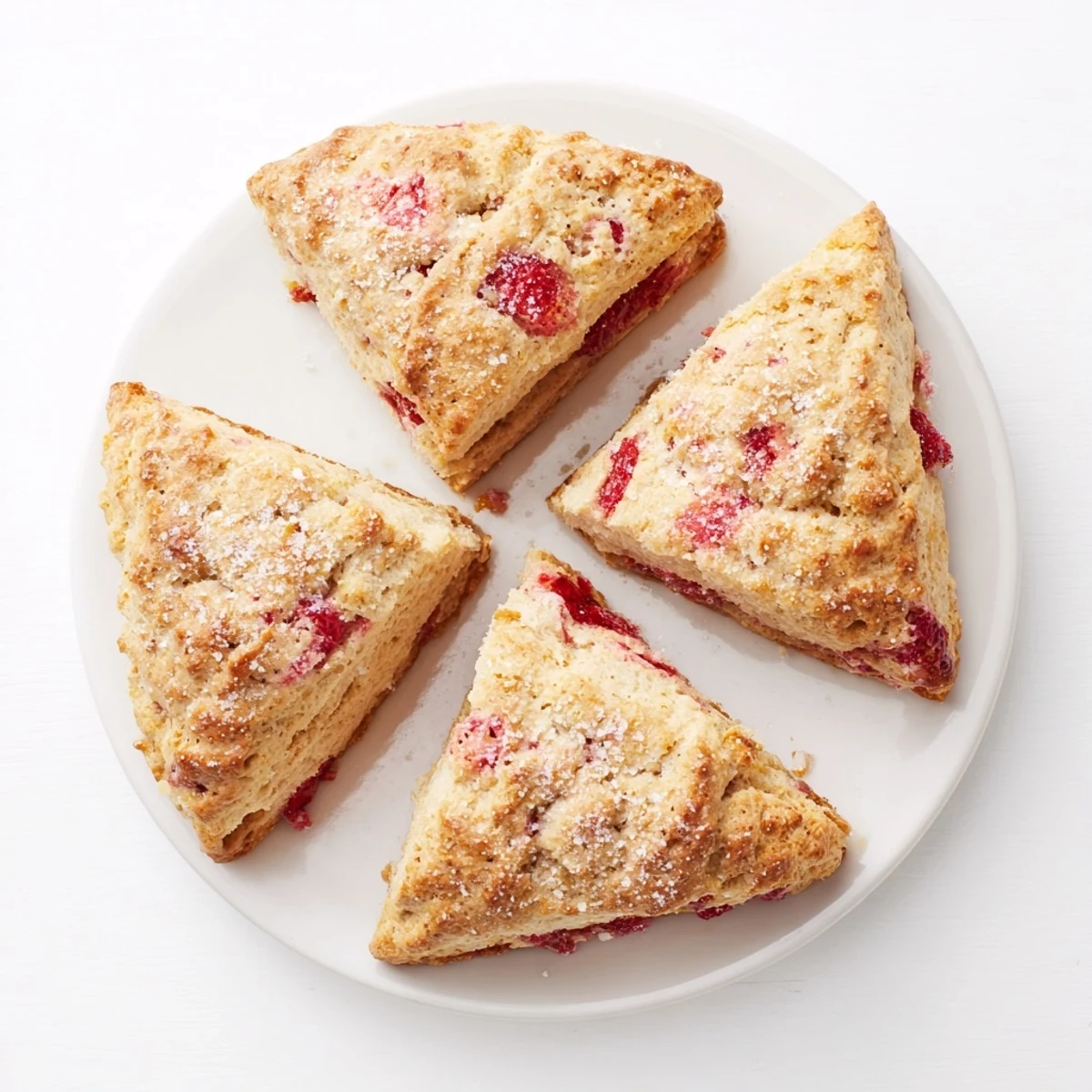 Golden brown strawberries and cream scones brushed with cream and topped with coarse sugar